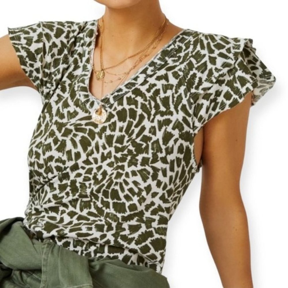 Anthropologie Maeve Catie Ruffle-Sleeved Tee Green Print Small